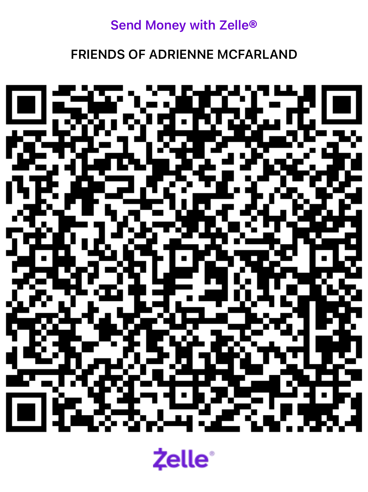 Zelle QR code and payment details for Friends of Adrienne McFarland.
